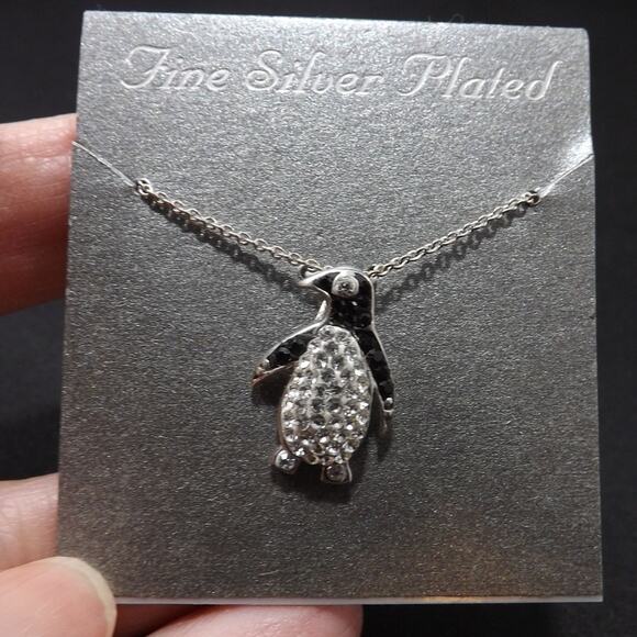 Penguin Necklace, Silver Plated, Clear & Black Rhinestones, NWT, 18 Inches - Picture 2 of 8
